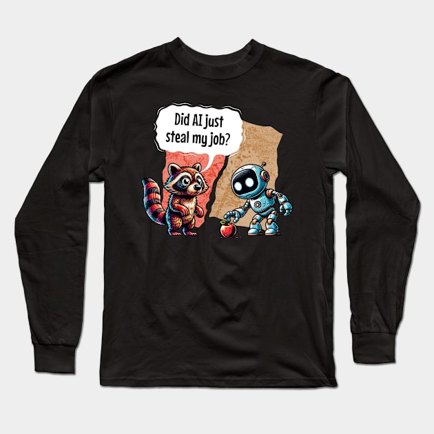Surprised Raccoon: Did AI Just Steal My Job? 🦝 Funny Long Sleeve T-Shirt by Critter Chaos